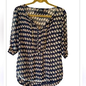 Angie Navy Blue Daisy Boho Bronze Grommet Sheer Tunic Top Size Large
